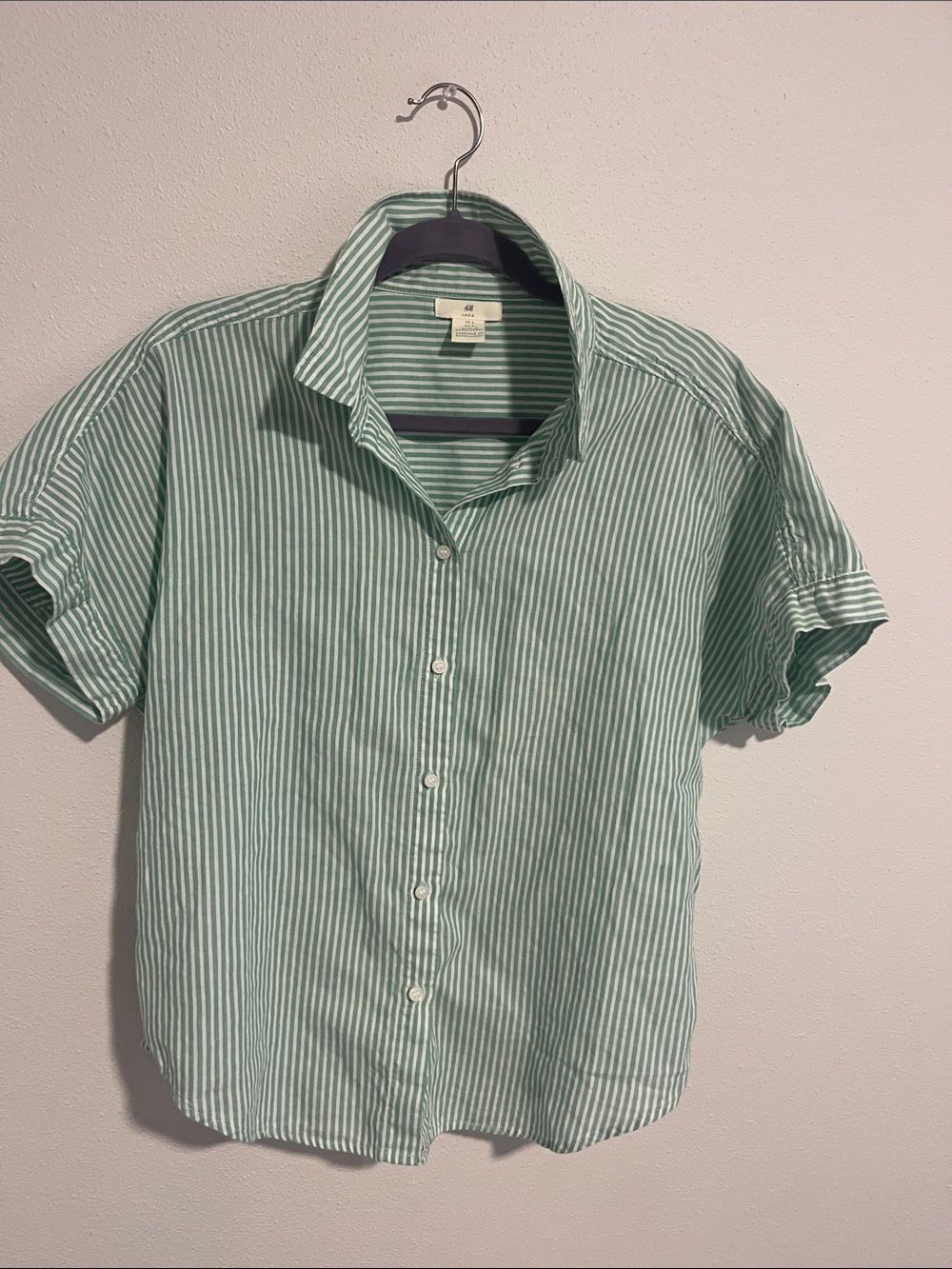 100% cotton H&M Mint Green and White Striped Short Sleeve Button-Up Shirt